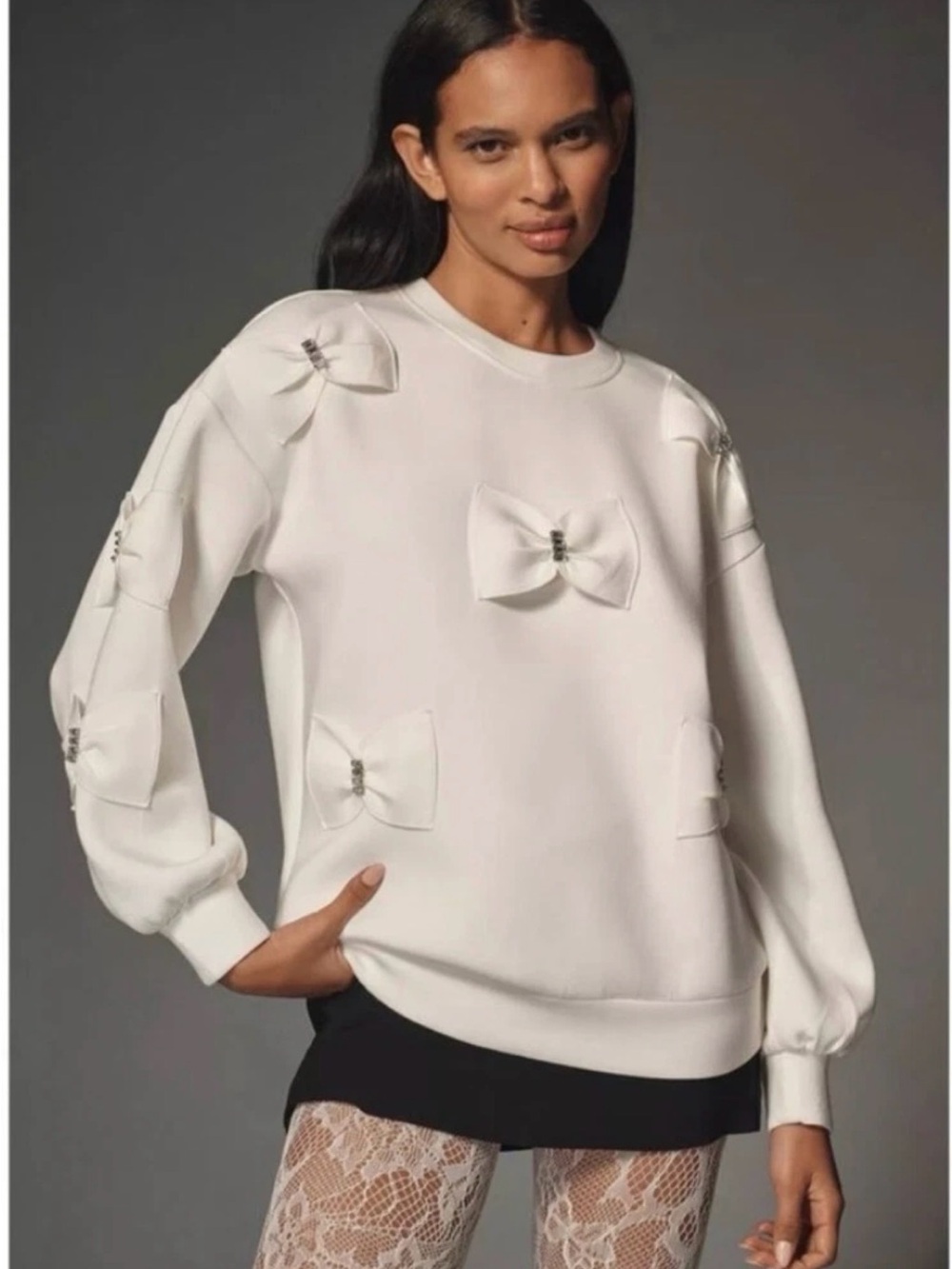 NWOT Anthropologie English Factory Bow Rhinestone Sweatshirt Maeve White XS
